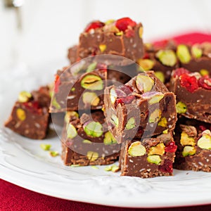 Chocolate Fudge with Glace Cherries, Pistachios and Coconut