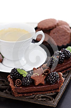 Chocolate ganache tart with blackberries