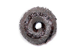 Chocolate glazed donut with chocolate sprinkles isolated white background top view