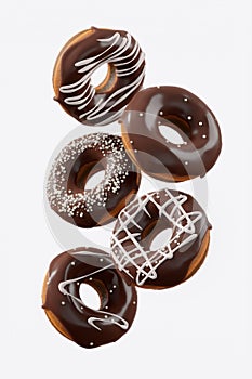 Chocolate glazed donut with sprinkles in motion falling on a white background.