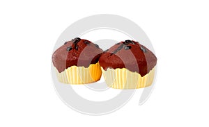 Chocolate glazed muffins on white background