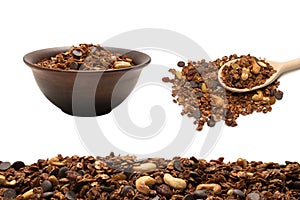 Chocolate granola cereal with nuts background