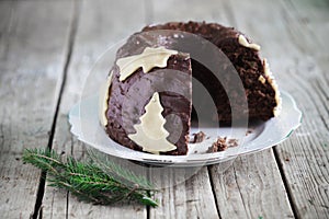 Chocolate gugelhupf cake with marzipan, christmas tree