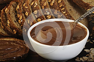 Chocolate hazelnut spread in white dish