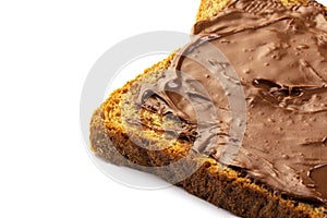 Chocolate hazelnut spread on whole wheat toast isolated photo