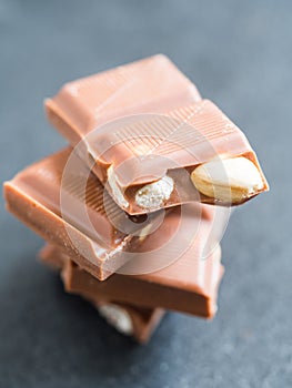 Chocolate with hazelnuts, close up