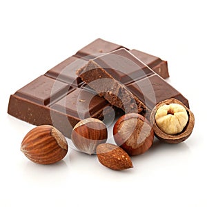 Chocolate and hazelnuts isolated on white background