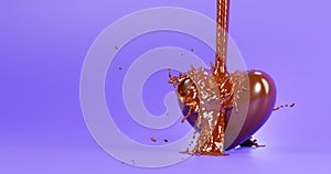 Chocolate heart covered with syrup. Chocolate candy in hot chocolate, 3d render