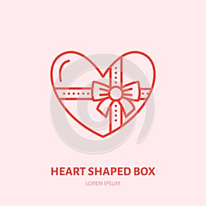 Chocolate in heart shaped box illustration. Sweets flat line icon, candy shop logo. Valentines day present sign