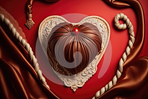 chocolate heart surrounded by pearls and ribbons on a red satin backdrop