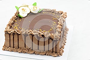 Chocolate homemade cake on the grey marble table
