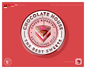 Chocolate house emblem. Identity. A piece of chocolate cake with cherry in a circle.