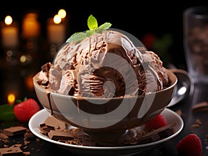 Chocolate ice cream ball in a bowl