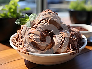 Chocolate ice cream ball in a bowl