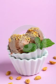 Chocolate ice cream balls with peanuts