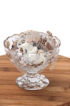 Chocolate ice cream balls served in a crystal bowl