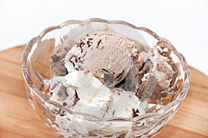 Chocolate ice cream balls served in a crystal bowl