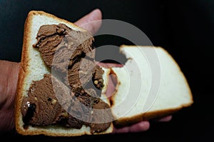 Chocolate ice cream with bread on hand