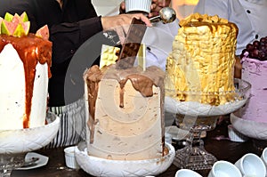 Chocolate ice cream cake dessert, white ice cream and dulce de leche for costume party