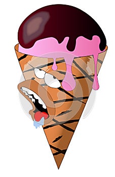 Chocolate ice cream cone with a ball of melting in the heat