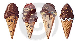 Chocolate Ice cream cone cartoon doodle icons set.