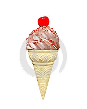 Chocolate ice cream cone with cherry on top isolated on white