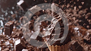 Chocolate ice cream cone with icing and falling chocolate pieces