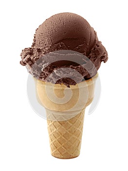 Chocolate Ice cream in the cone on white background