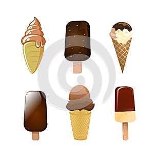 Chocolate ice cream in the cornet and on the stick