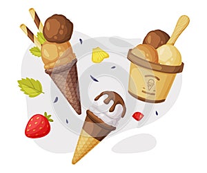 Chocolate Ice-cream in Cup and Waffle Cone as Frozen Dessert and Snack Vector Composition