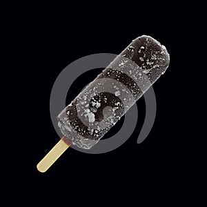 Chocolate ice cream lolly, chocolate glaze close-up with condensate and icing frost isolated on black background. Ice cream bar.