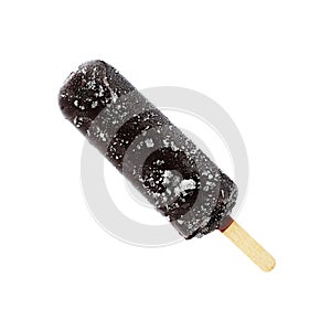 Chocolate ice cream lolly, chocolate glaze close-up on the white isolated background. Ice cream bar,summer hot day. Cold yummy ice