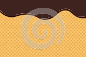 Chocolate ice cream melt and flow on toasted waffle surface. Glazed wafer texture sweet cake background. Vector flat