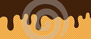 Chocolate ice cream melted on waffle background. Ð¡ream melted on waffle background. Sweet ice cream flowing down on cone. Vector