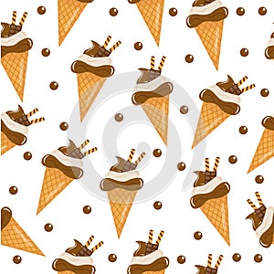 Chocolate ice cream seamless texture. ice cream cone background. Baby, Kids wallpaper and textiles. Vector illustration;