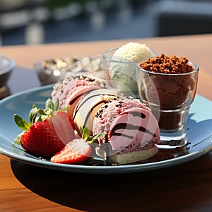 Chocolate ice cream with strawberry on blue plate on wooden table