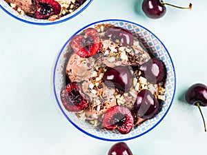 Chocolate ice cream sundae with cherries