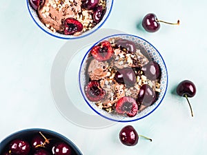 Chocolate ice cream sundae with cherries