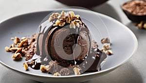 A chocolate ice cream sundae with walnuts on a white plate