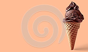 Chocolate ice cream swirl in waffle cone on peach fuzz colored background. Soft serve cold dessert