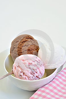 Chocolate ice cream, Vanilla ice cream and Strawberry ice cream