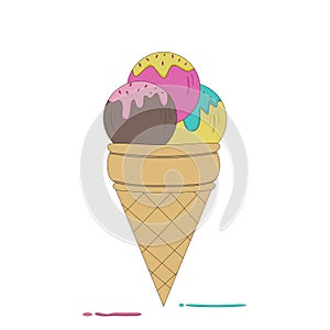 Chocolate ice cream, vanilla and strawberries, scoop into the base, white background