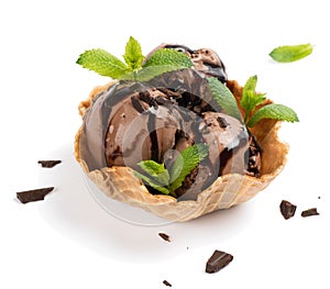 Chocolate ice cream in waffle bowl