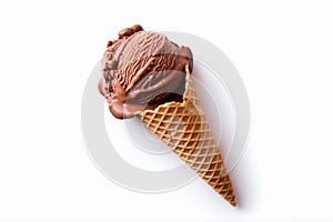 Chocolate ice cream in a waffle cone on white background, generative AI