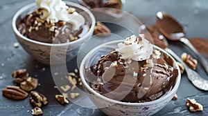 Chocolate ice cream with whipped cream and pecan nuts in bowl, Generative AI illustrations
