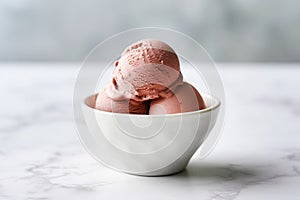 Chocolate ice cream in a white bowl on white countertop, generative AI