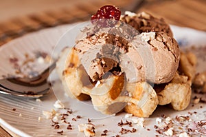 Chocolate icecream on gofre photo