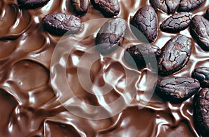 Chocolate icing and cocoa beans