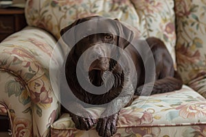 chocolate lab with wet, muddied fur on a floral sofa