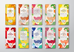 Chocolate Label Template Set. Abstract Shapes Vector Packaging Design Layout with Realistic Shadows Hand Drawn Fruit